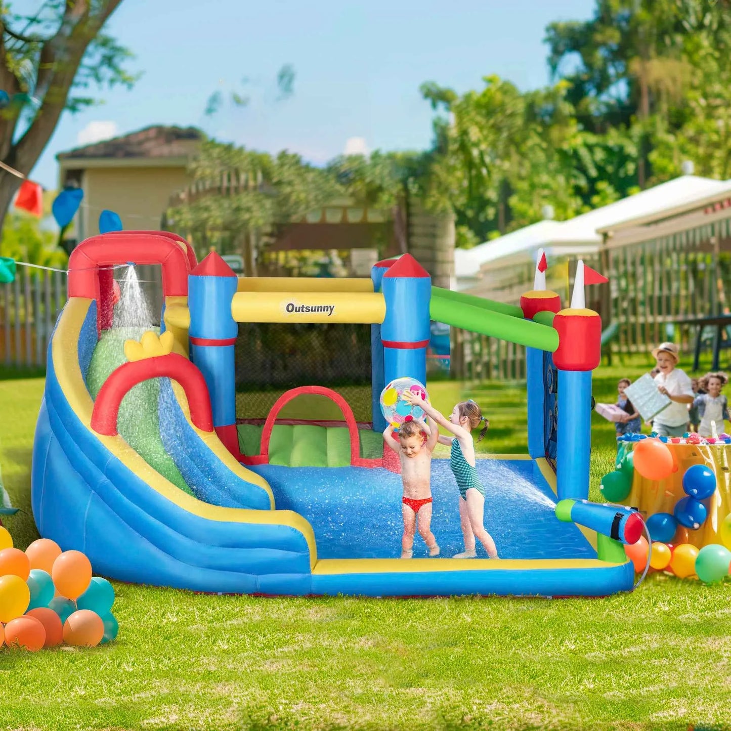 6-in-1 Inflatable Bounce House with Water Slide – Outdoor Play Center for Kids