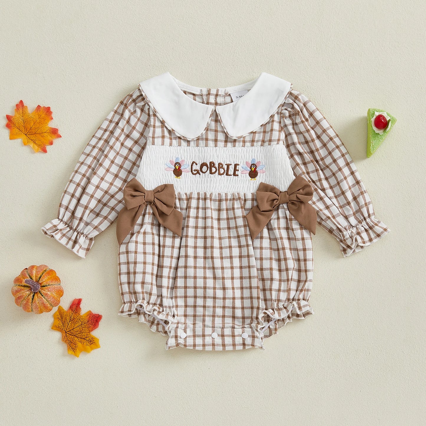 Thanksgiving Baby Girl Romper – Long Sleeve Doll Collar with Turkey Embroidery and Plaid Design