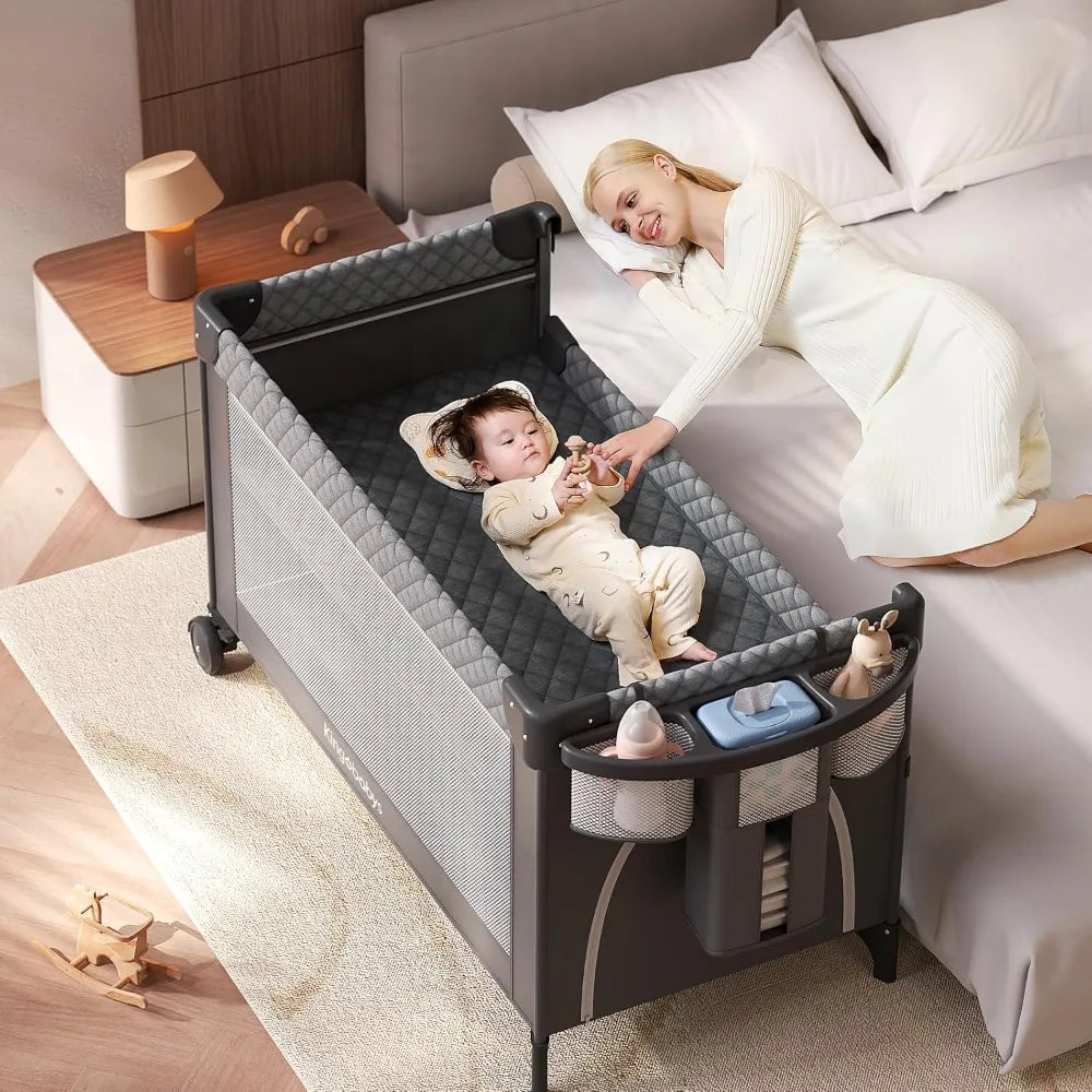 4-in-1 Baby Bassinet – Pack and Play Bedside Crib Sleeper with Diaper Changer and Mosquito Net
