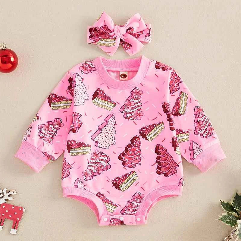 Baby Girl Christmas Romper Set – Long Sleeve Tree Print Jumpsuit with Cute Headband