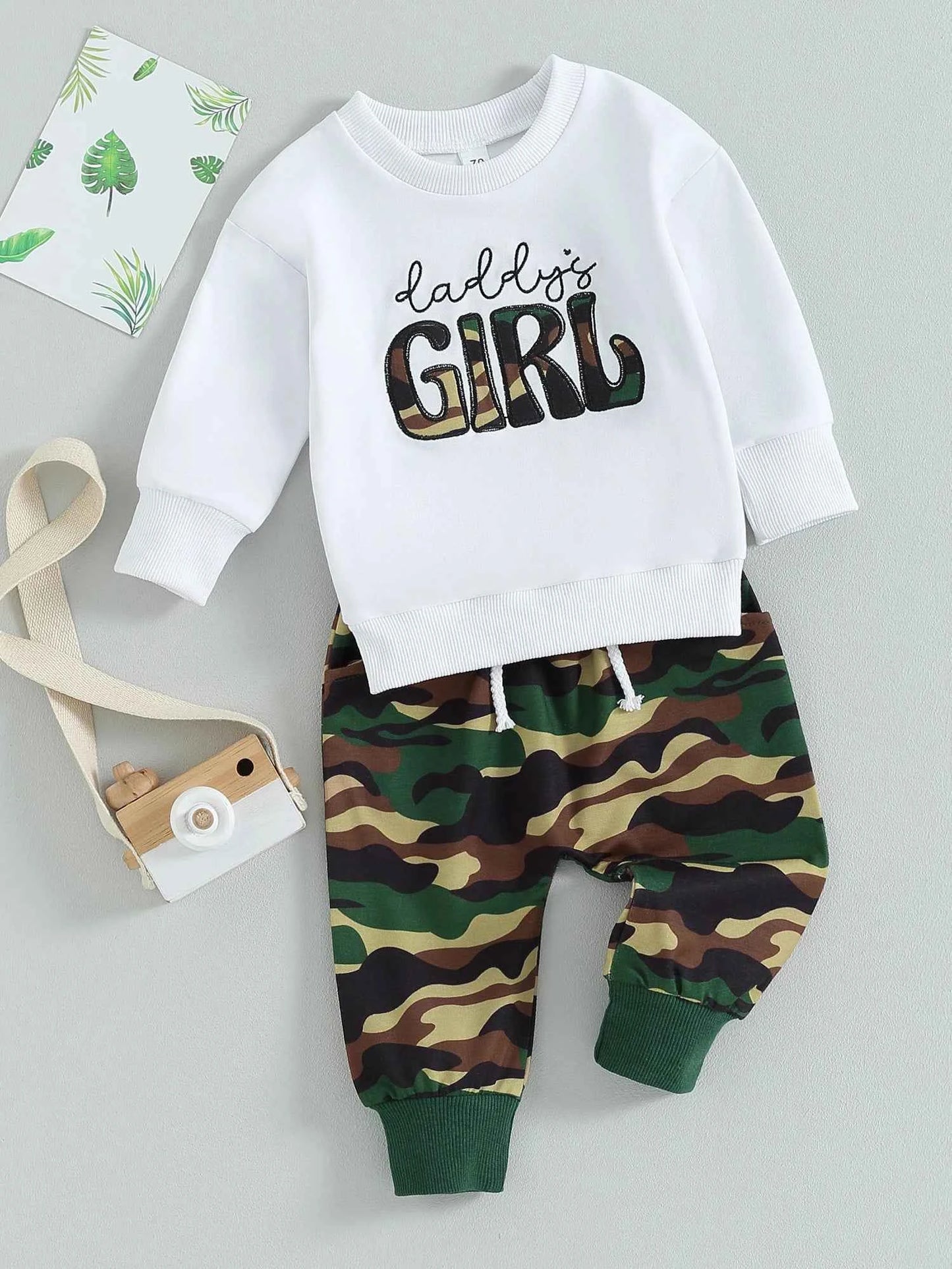 Baby Girl White Pullover & Camo Pants Set – 2-Piece Toddler Outfit