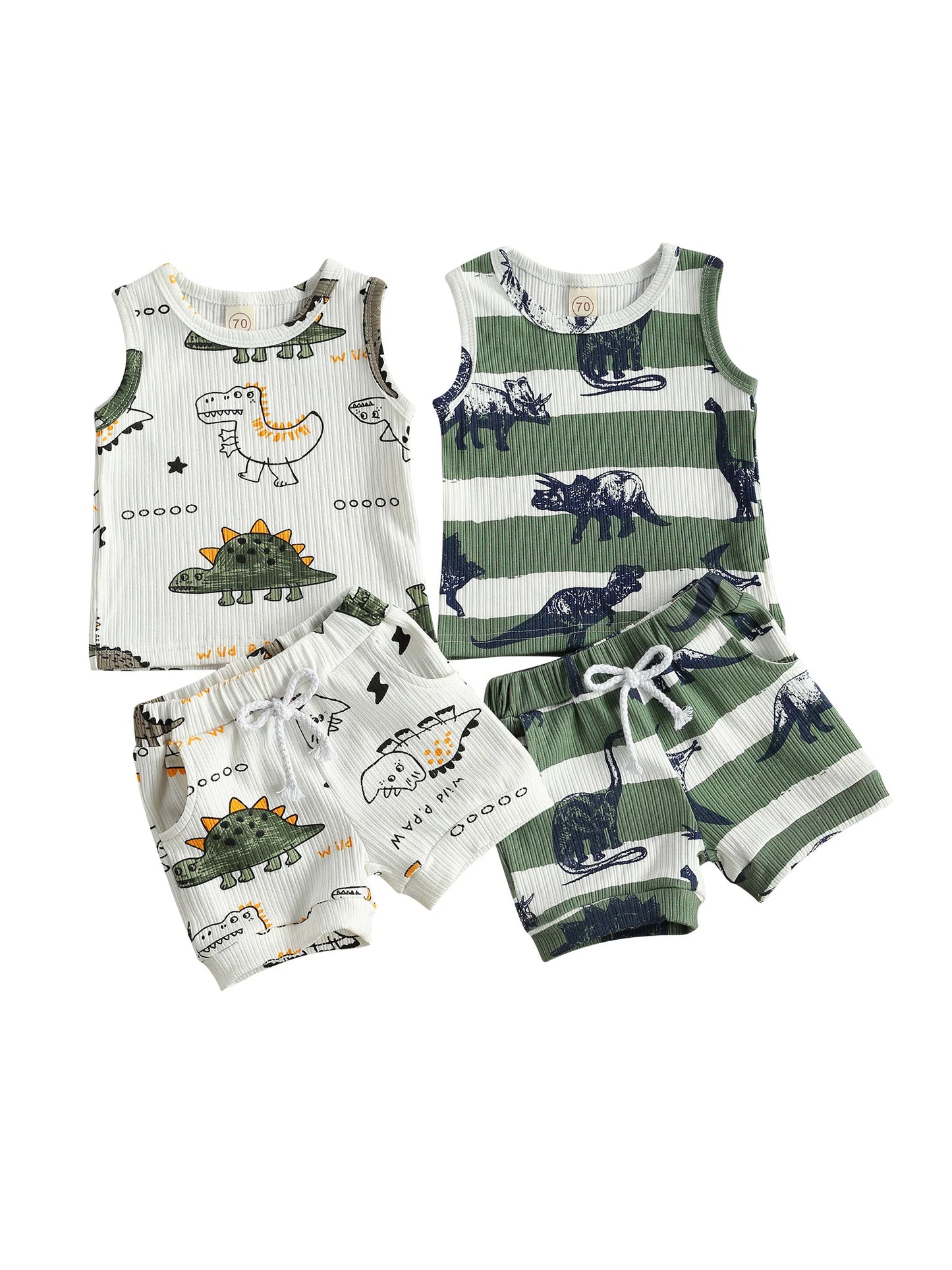 Dinosaur Tracksuit Set – Cartoon Print Sleeveless Vest & Elastic Waist Shorts Outfit (0–4T)