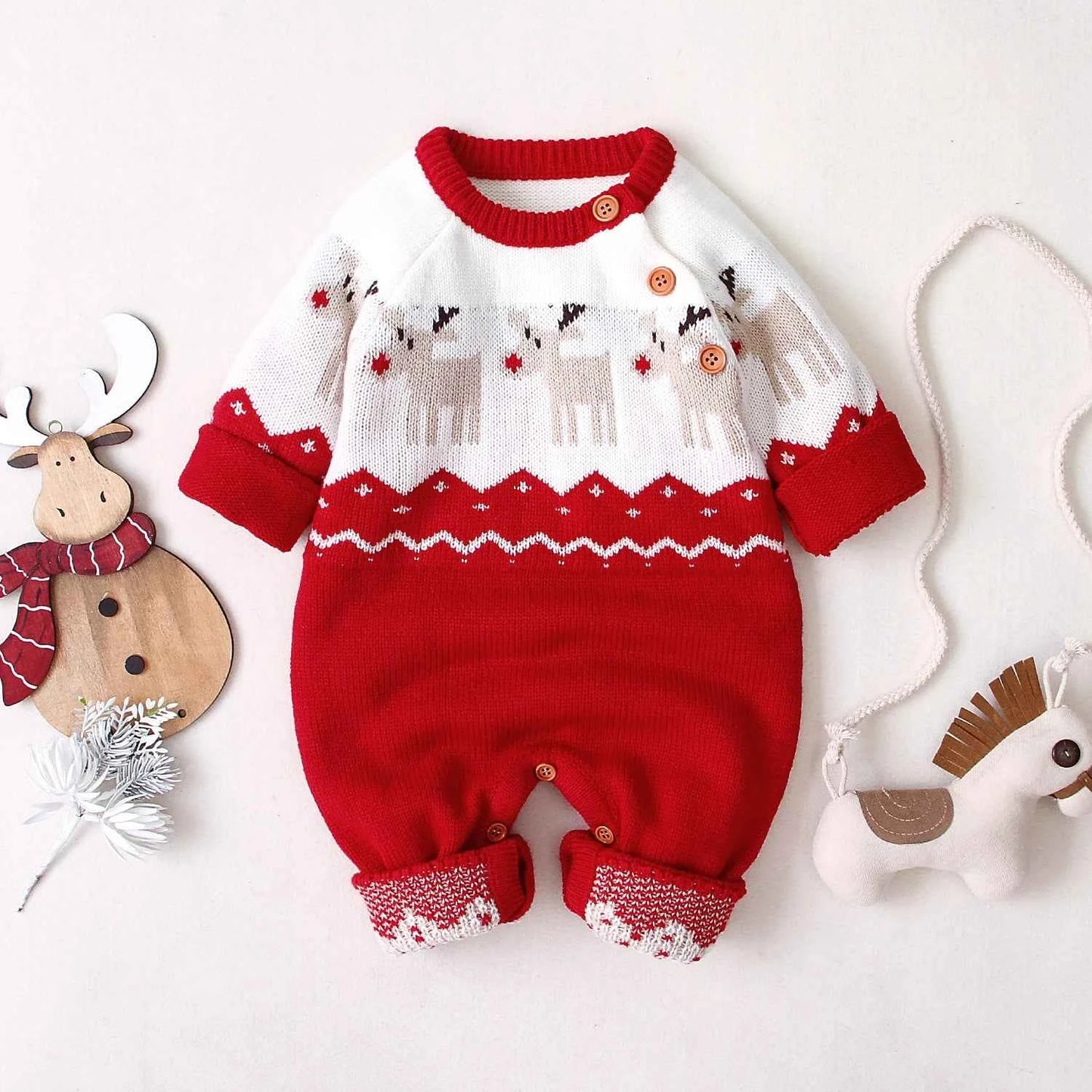 Baby Christmas Sweater Romper – Reindeer Elk Print Long Sleeve Jumpsuit Outfit (3–18M)