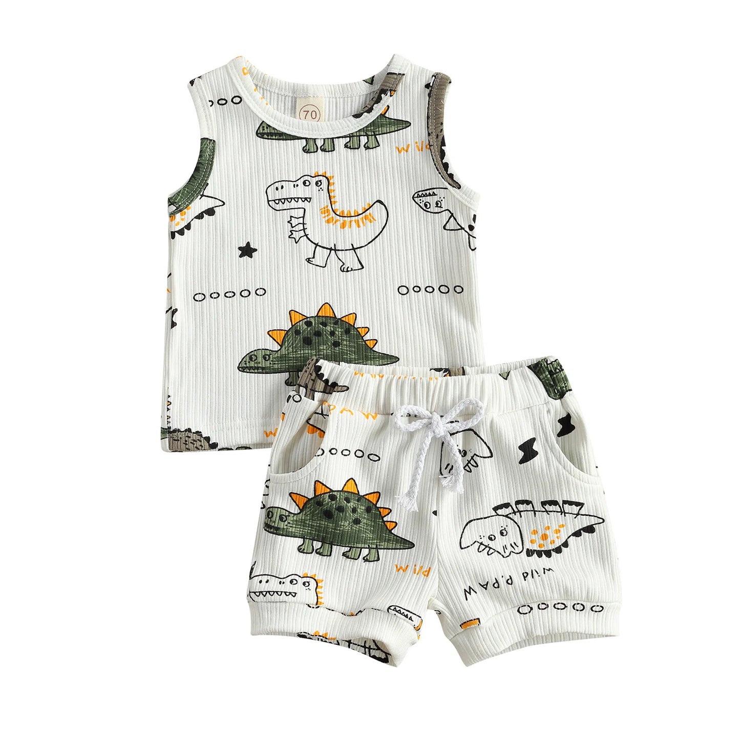 Dinosaur Tracksuit Set – Cartoon Print Sleeveless Vest & Elastic Waist Shorts Outfit (0–4T)