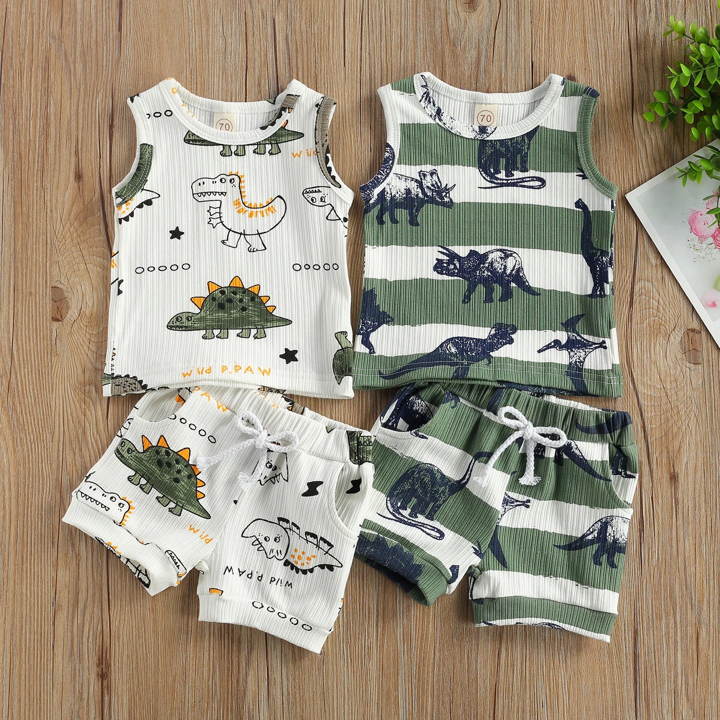 Dinosaur Tracksuit Set – Cartoon Print Sleeveless Vest & Elastic Waist Shorts Outfit (0–4T)