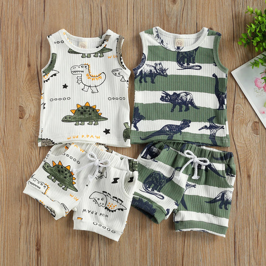 Dinosaur Tracksuit Set – Cartoon Print Sleeveless Vest & Elastic Waist Shorts Outfit (0–4T)