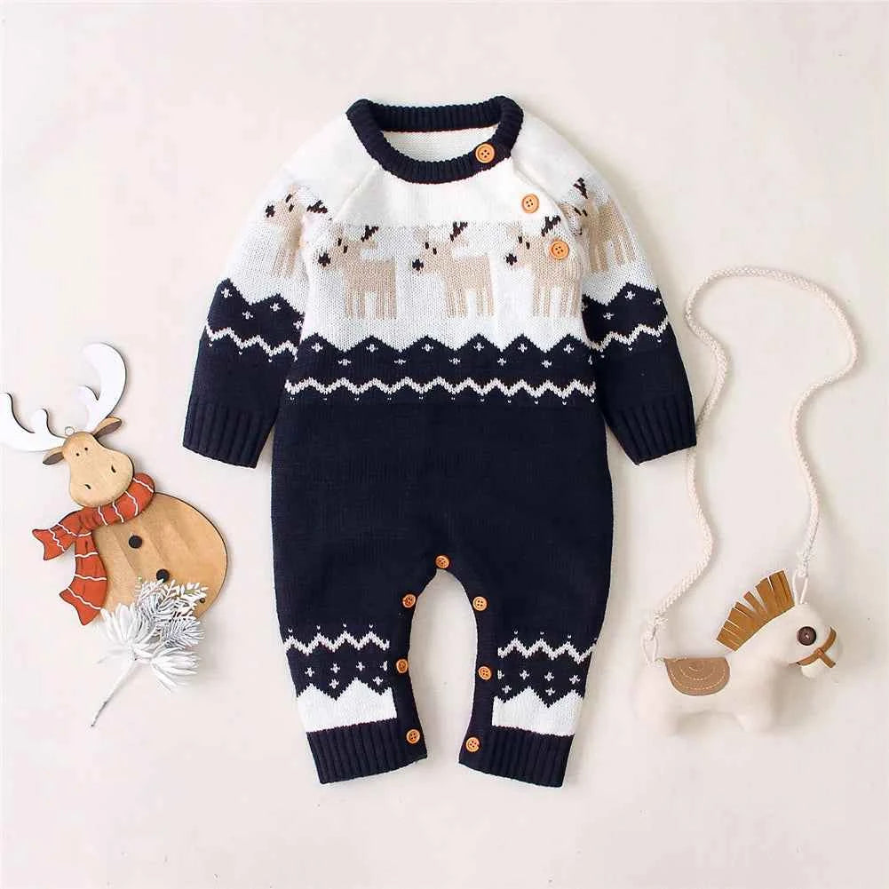 Baby Christmas Sweater Romper – Reindeer Elk Print Long Sleeve Jumpsuit Outfit (3–18M)