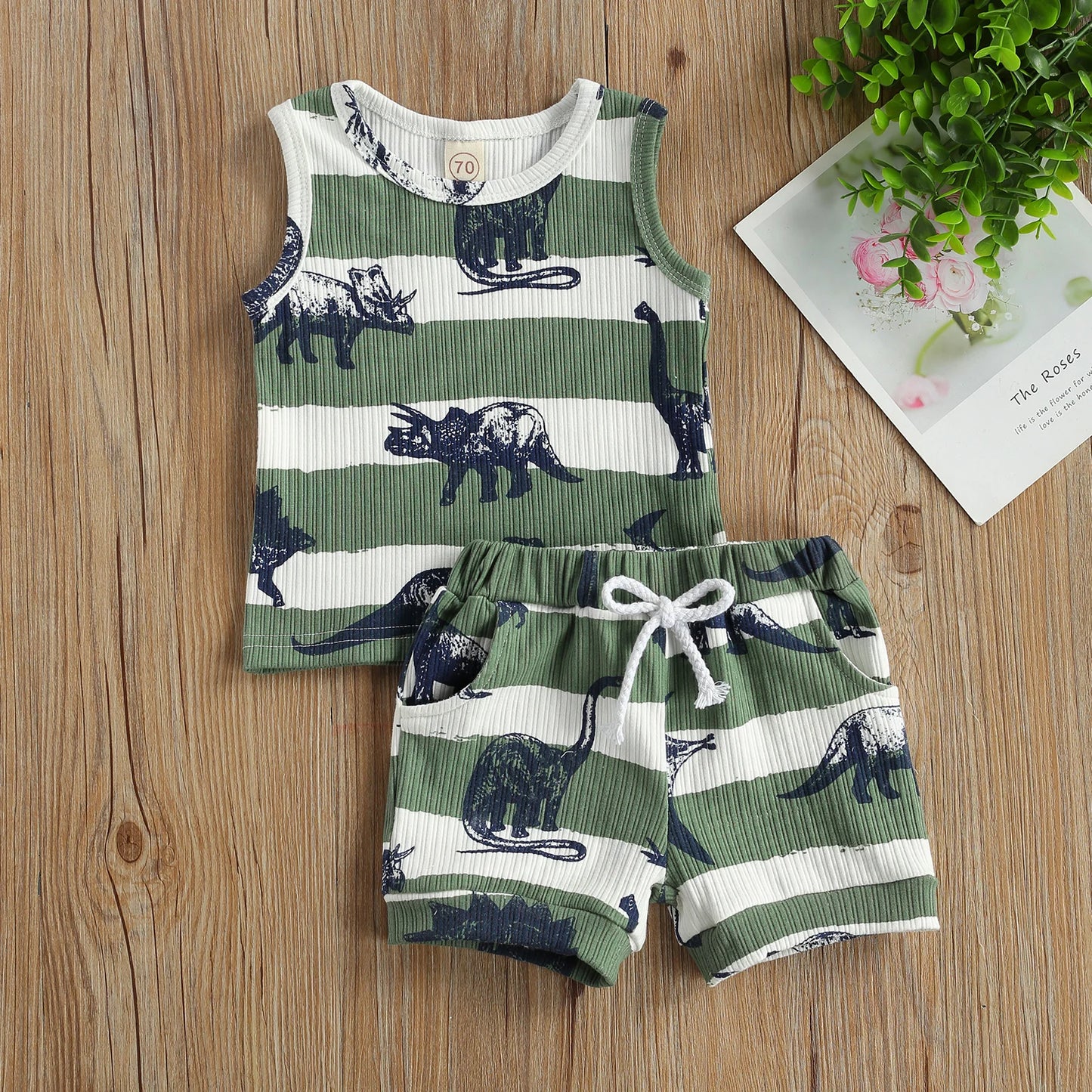 Dinosaur Tracksuit Set – Cartoon Print Sleeveless Vest & Elastic Waist Shorts Outfit (0–4T)