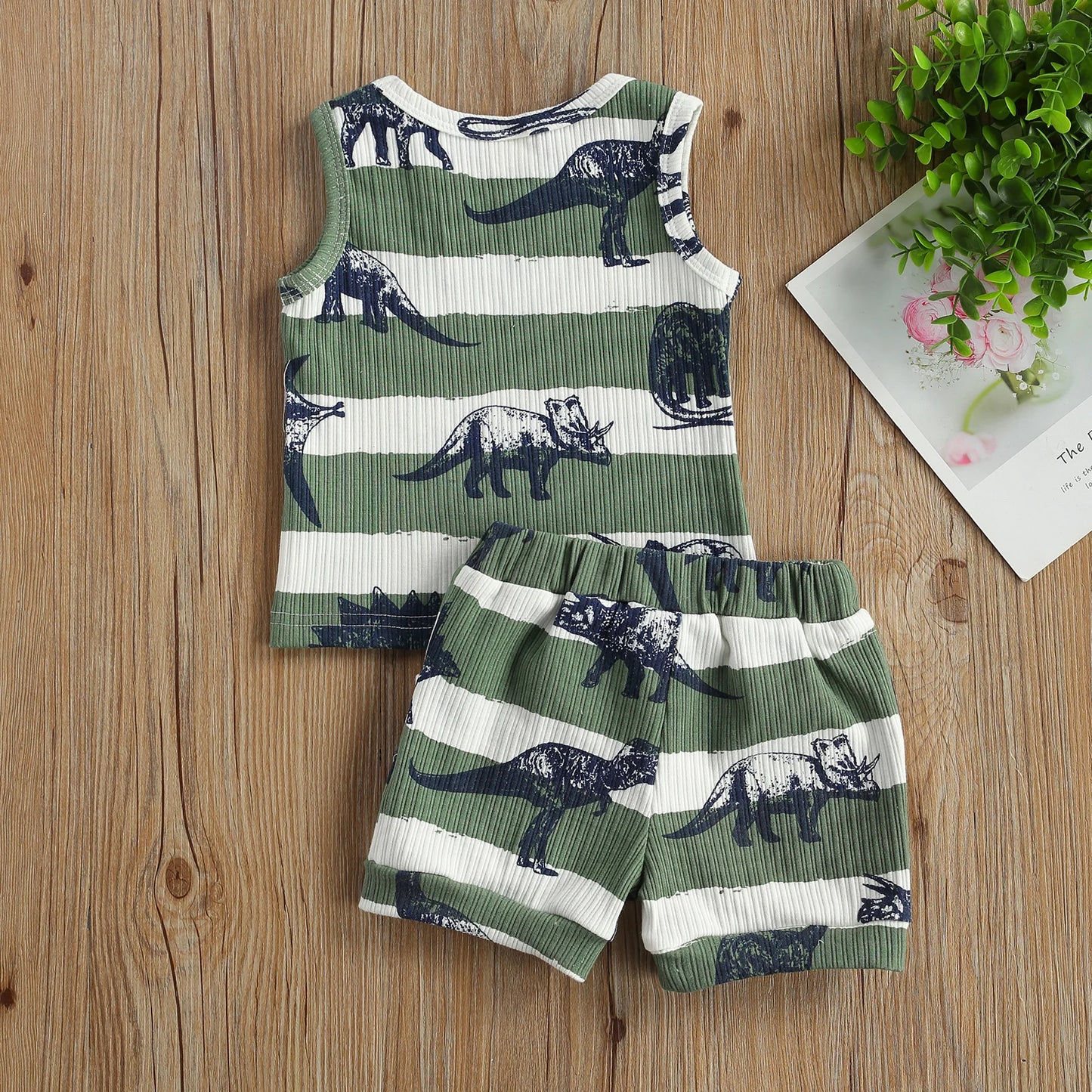 Dinosaur Tracksuit Set – Cartoon Print Sleeveless Vest & Elastic Waist Shorts Outfit (0–4T)