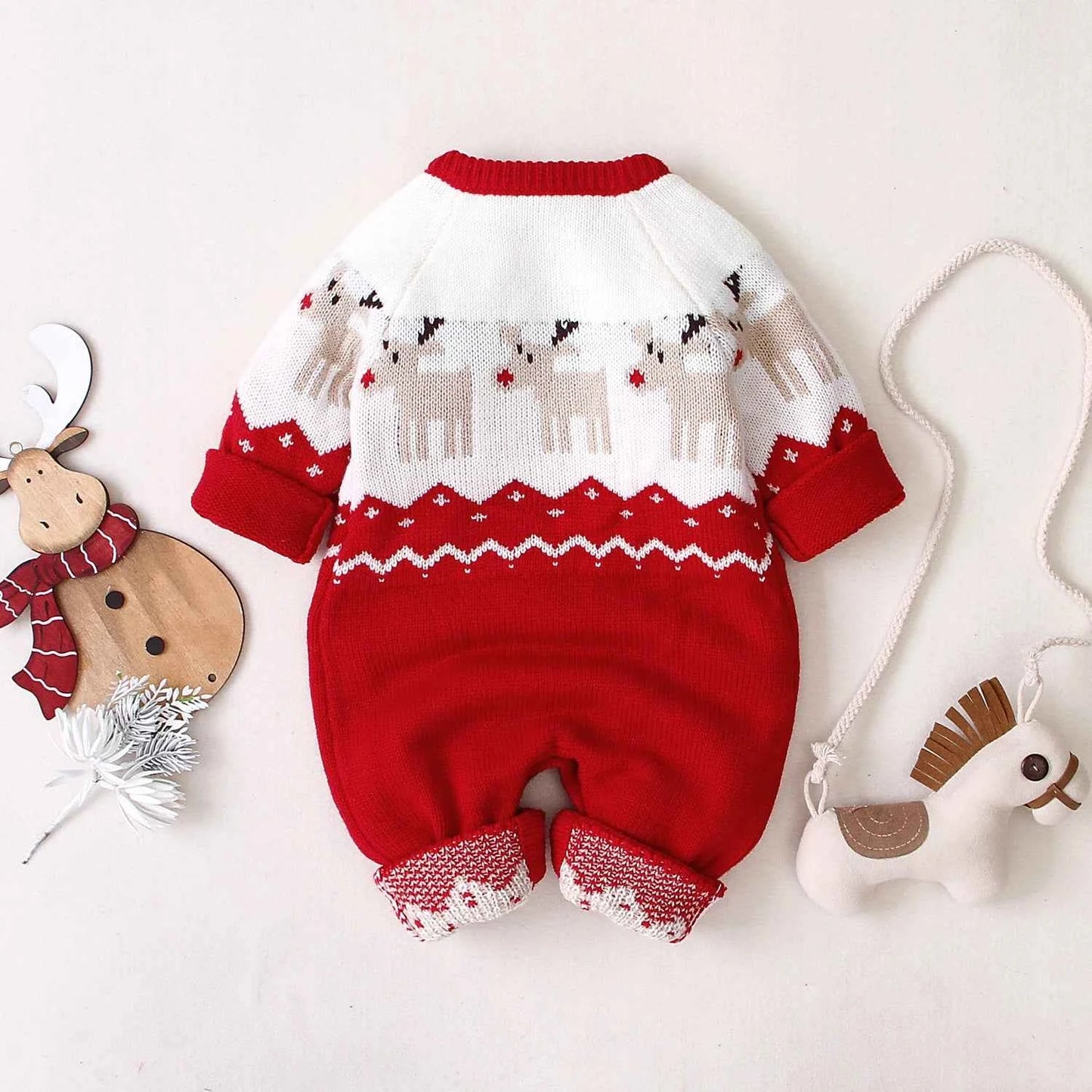 Baby Christmas Sweater Romper – Reindeer Elk Print Long Sleeve Jumpsuit Outfit (3–18M)