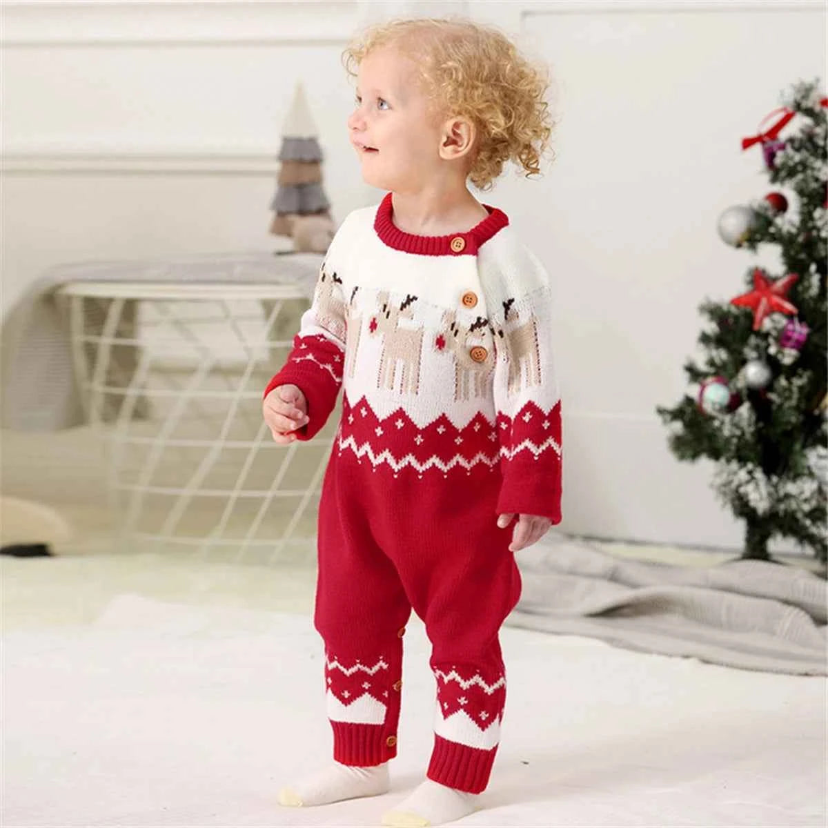 Baby Christmas Sweater Romper – Reindeer Elk Print Long Sleeve Jumpsuit Outfit (3–18M)