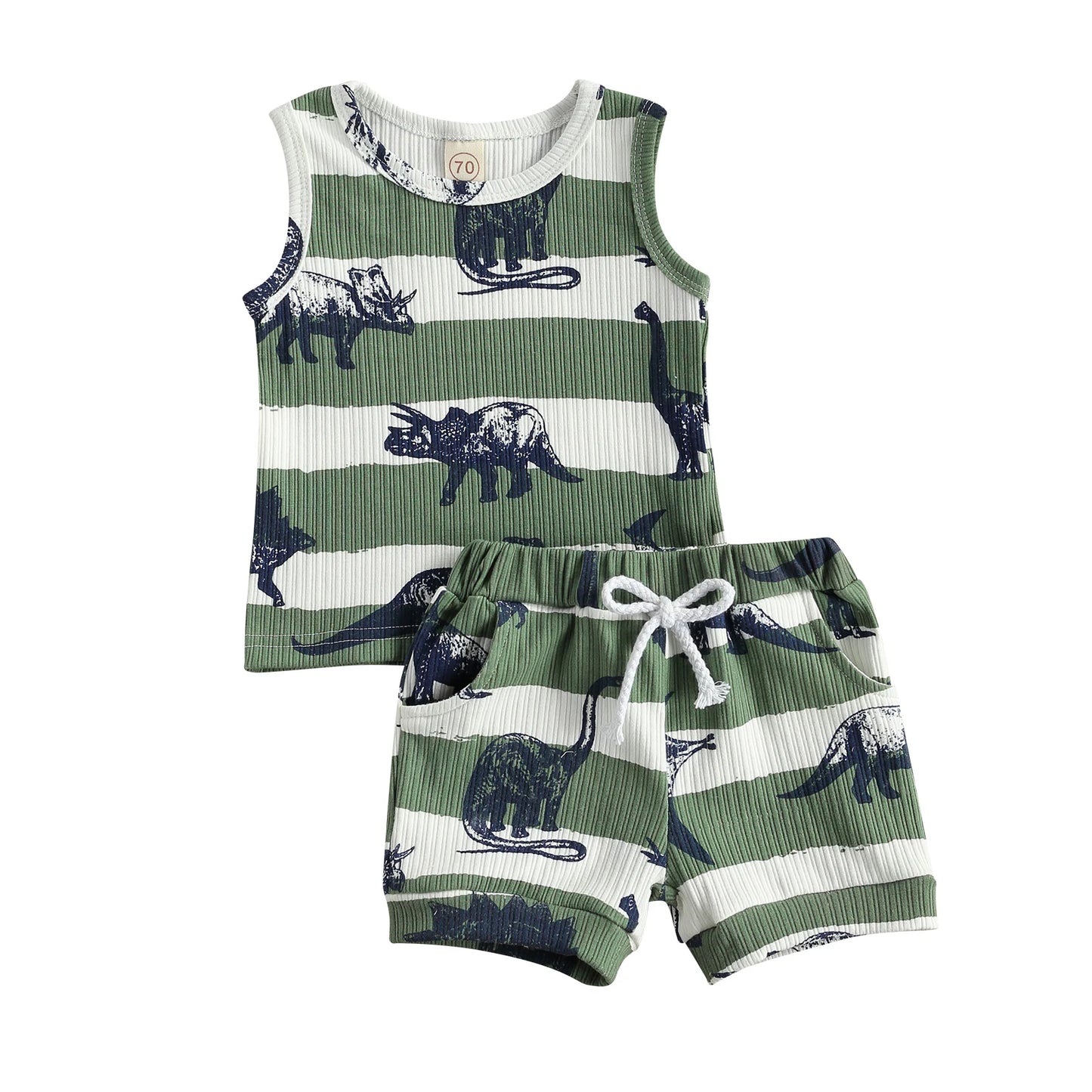 Dinosaur Tracksuit Set – Cartoon Print Sleeveless Vest & Elastic Waist Shorts Outfit (0–4T)