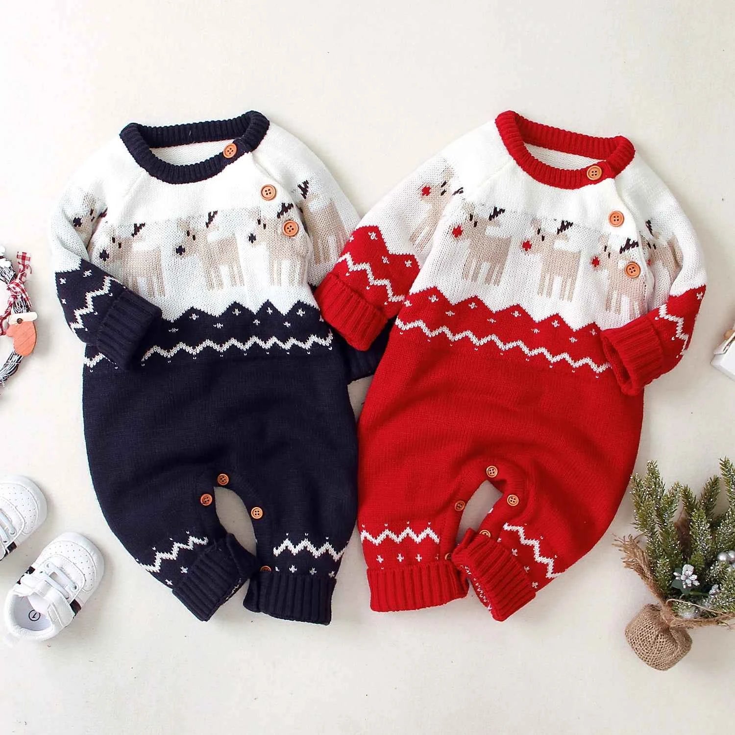 Baby Christmas Sweater Romper – Reindeer Elk Print Long Sleeve Jumpsuit Outfit (3–18M)