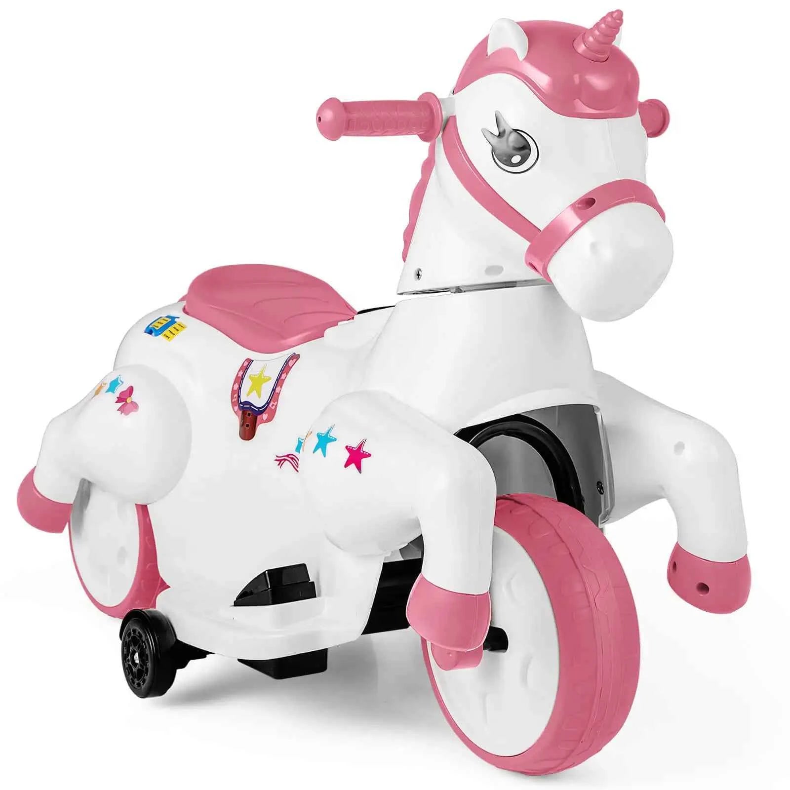 12V Kids Ride-On Unicorn Toy with Training Wheels, Music, and One-Button Start
