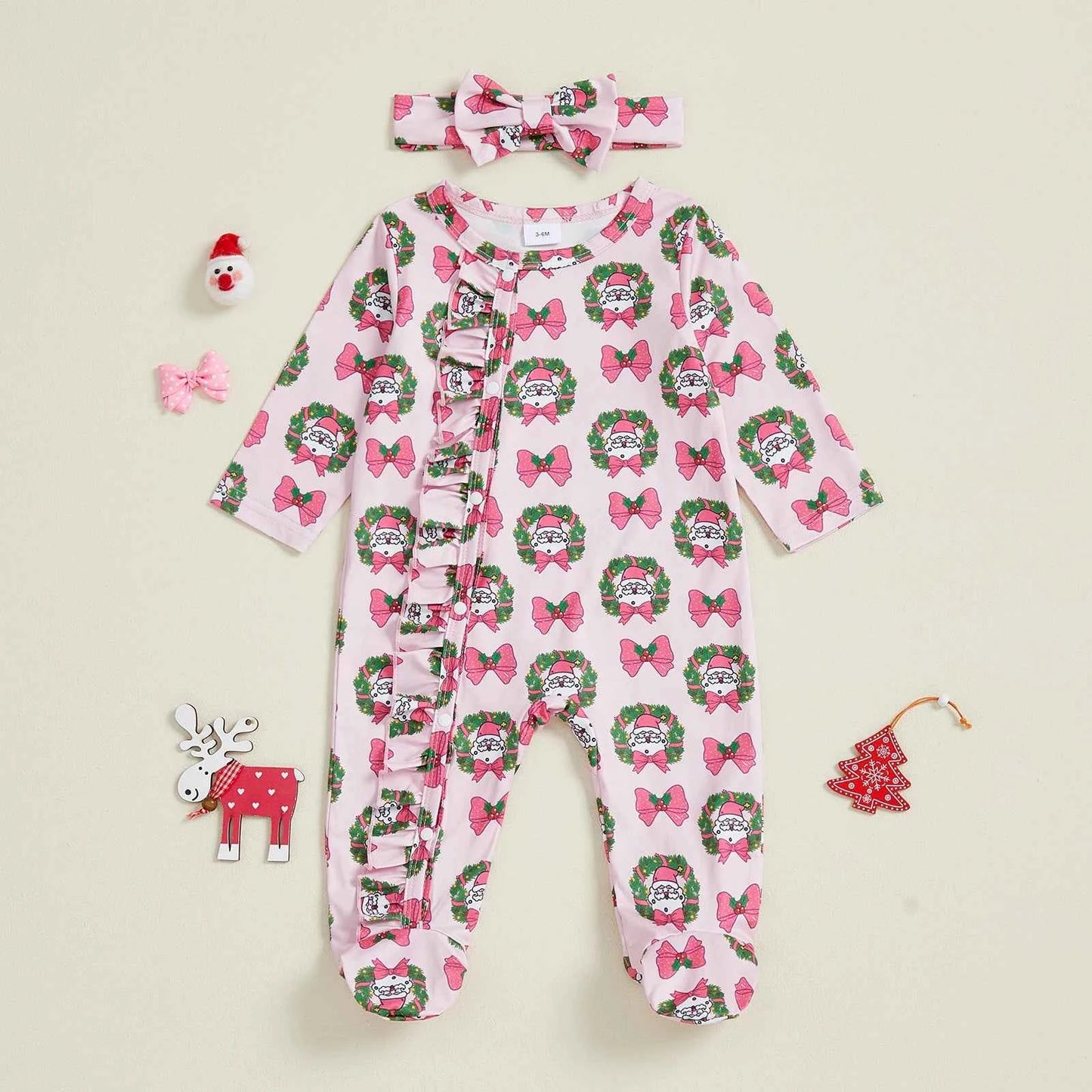 Christmas Outfit – Santa Claus Bow Print Long Sleeve Footed Romper with Matching Headband Set