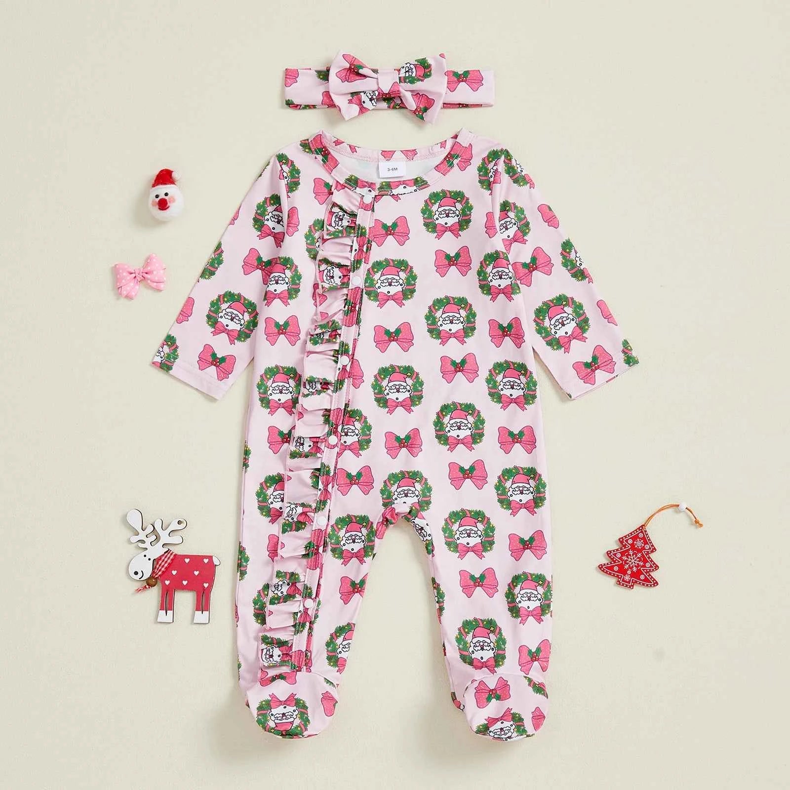 Christmas Outfit – Santa Claus Bow Print Long Sleeve Footed Romper with Matching Headband Set