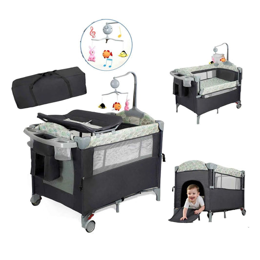 All-in-One Baby Playard Pack n Play with Bassinet & Diaper Changing Station – Portable Folding Travel Crib