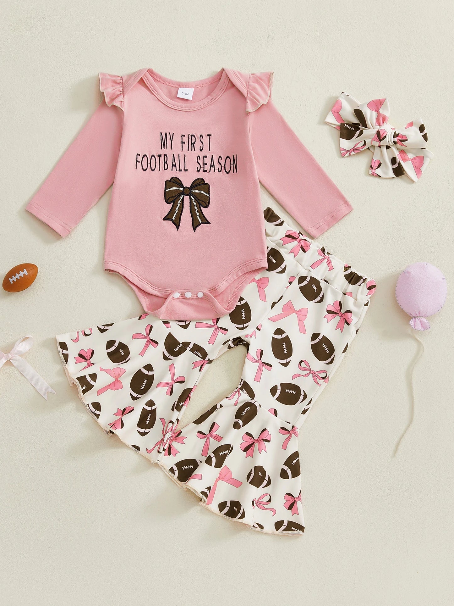 Baby Girls Fall Outfit – Football Print Long Sleeve Romper with Flared Pants and Headband 3-Piece Set