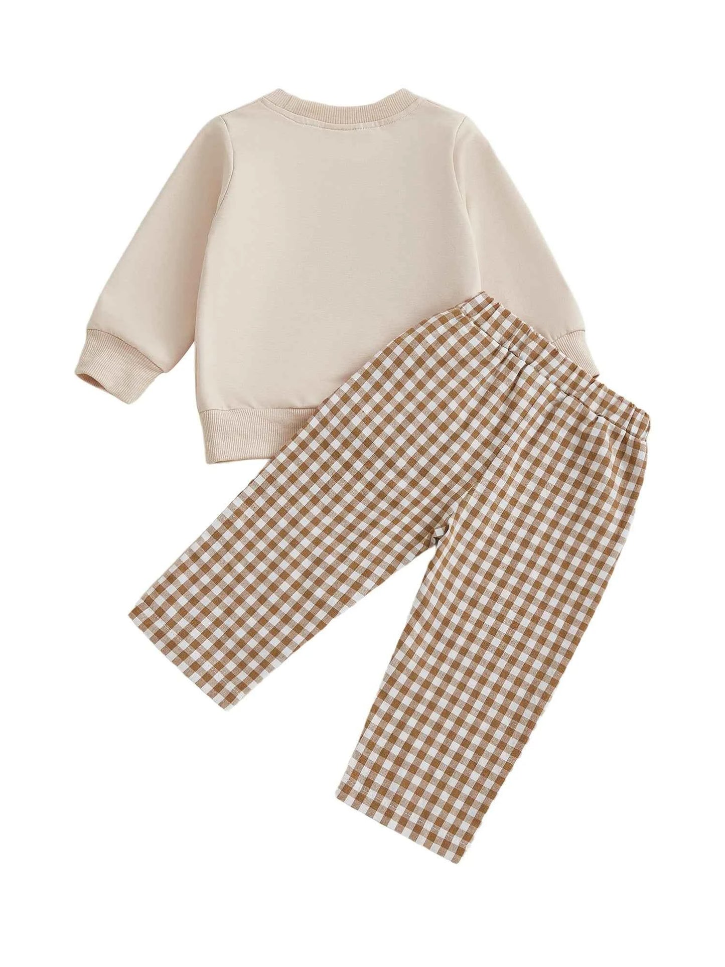 Thanksgiving Outfit – Pumpkin Turkey Sweatshirt & Plaid Elastic Waist Pants Set
