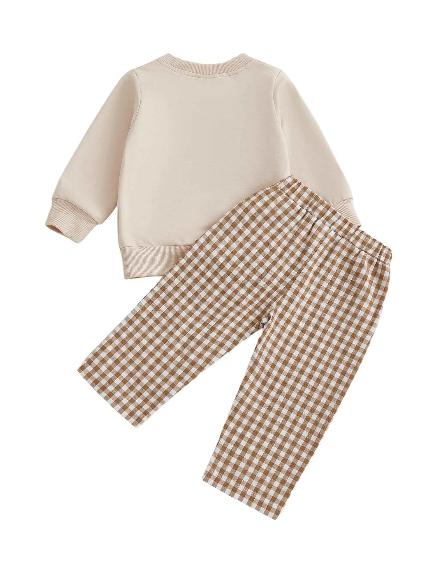 Thanksgiving Outfit – Pumpkin Turkey Sweatshirt & Plaid Elastic Waist Pants Set