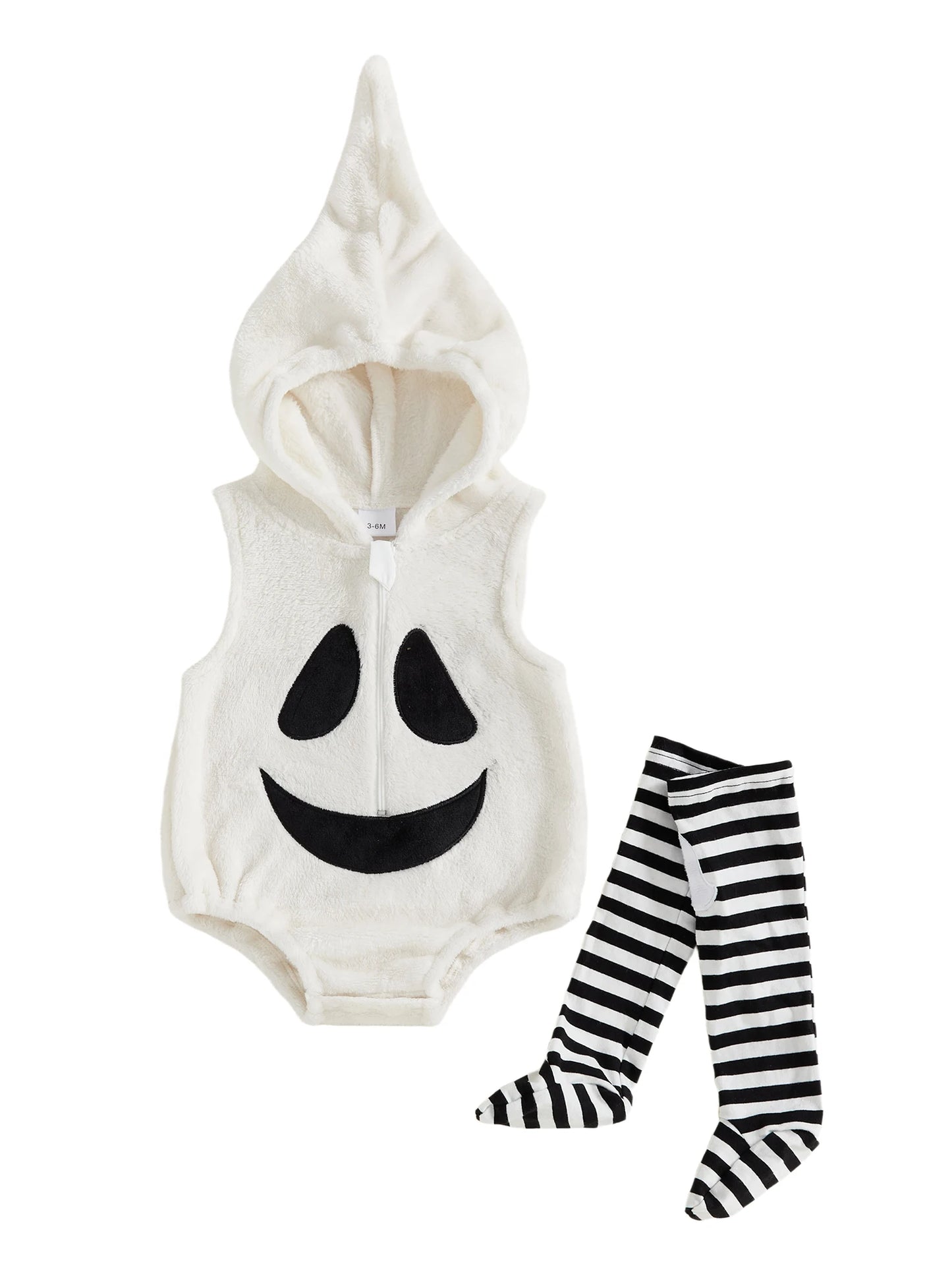 Toddler Halloween Costume – Hooded Ghost Romper with Striped Stockings Outfit