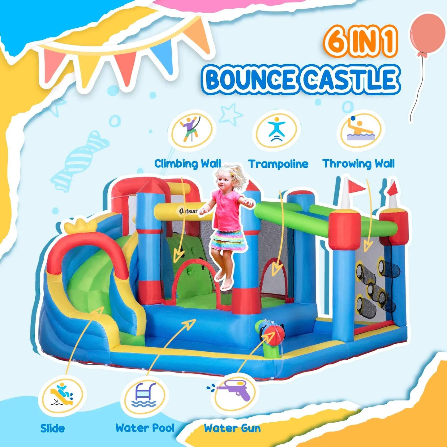 6-in-1 Inflatable Bounce House with Water Slide – Outdoor Play Center for Kids