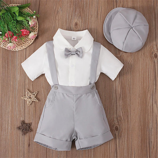 Boys Summer Gentleman Outfit – 4-Piece Set with Bow Tie Shirt, Suspenders Shorts & Hat
