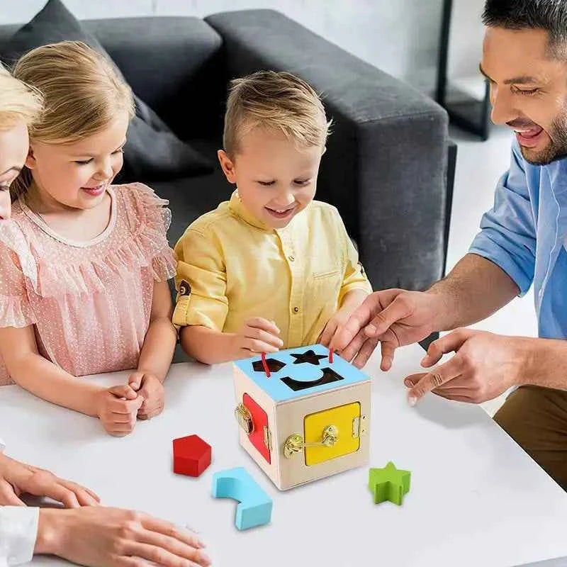 Wooden Geometry Lock Box Toy – Sensory Learning Activity Cube for Toddlers