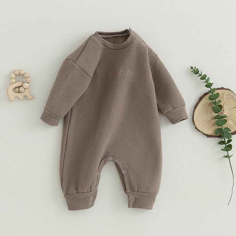 Baby Letter Embroidered "Little Dude" Jumpsuit – Long Sleeve Footless Romper (0–18M)