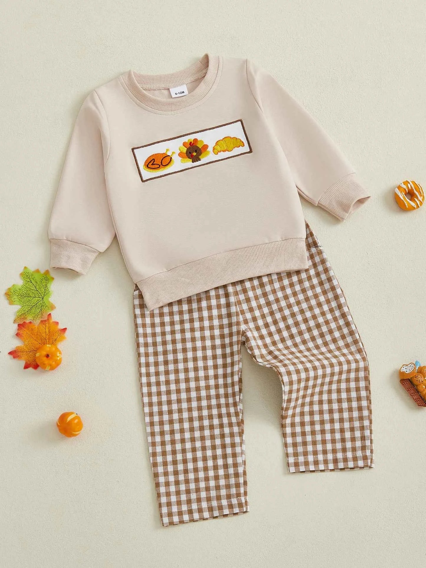 Thanksgiving Outfit – Pumpkin Turkey Sweatshirt & Plaid Elastic Waist Pants Set