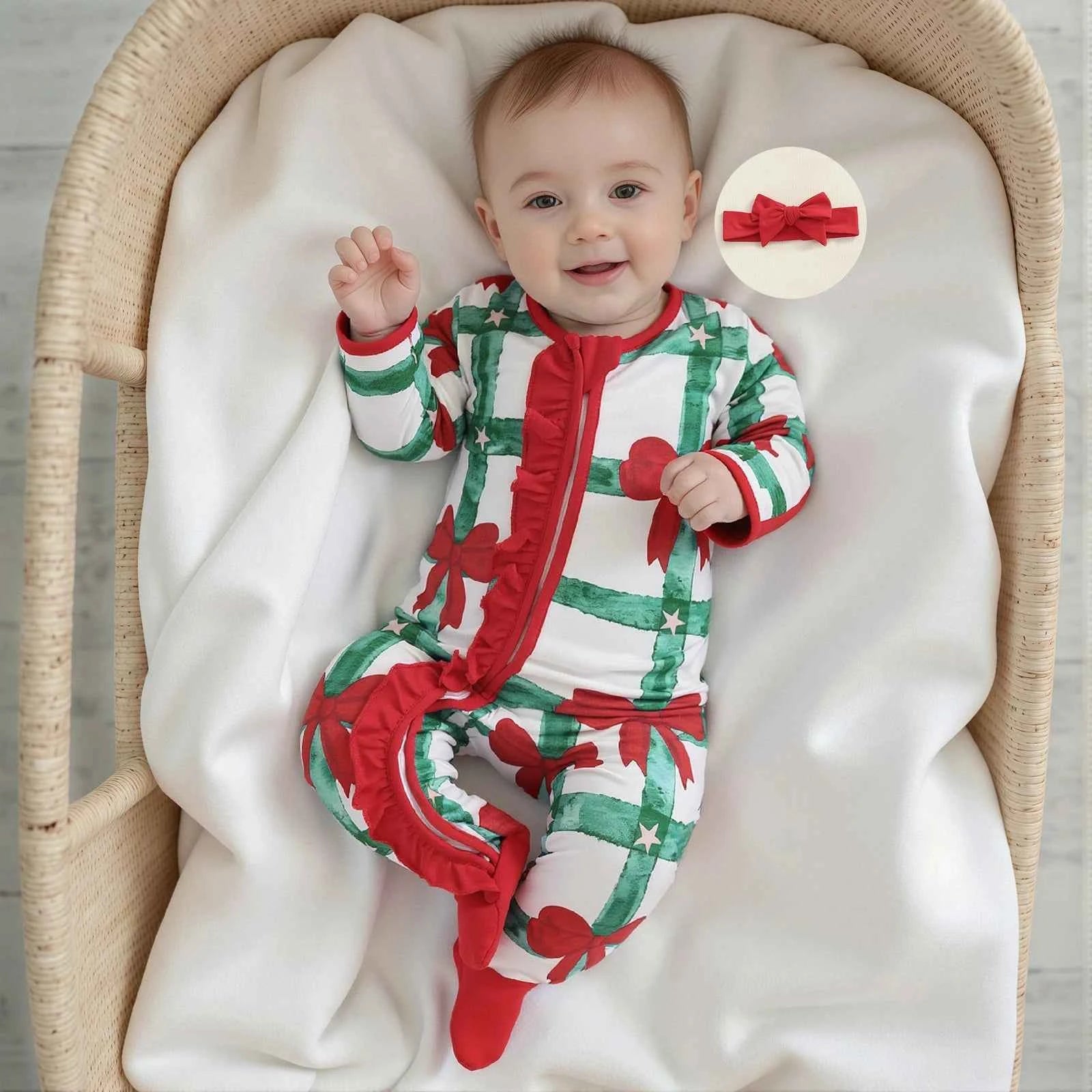 Newborn Baby Girl Christmas Romper – Bow Print Long Sleeve Zip-Up Footed Jumpsuit with Headband