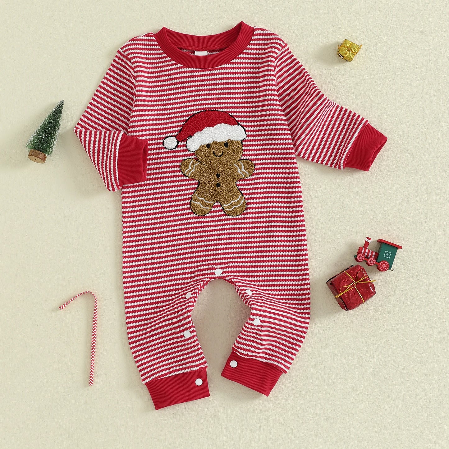Christmas Jumpsuit – Gingerbread Man Embroidered Long Sleeve Striped Romper