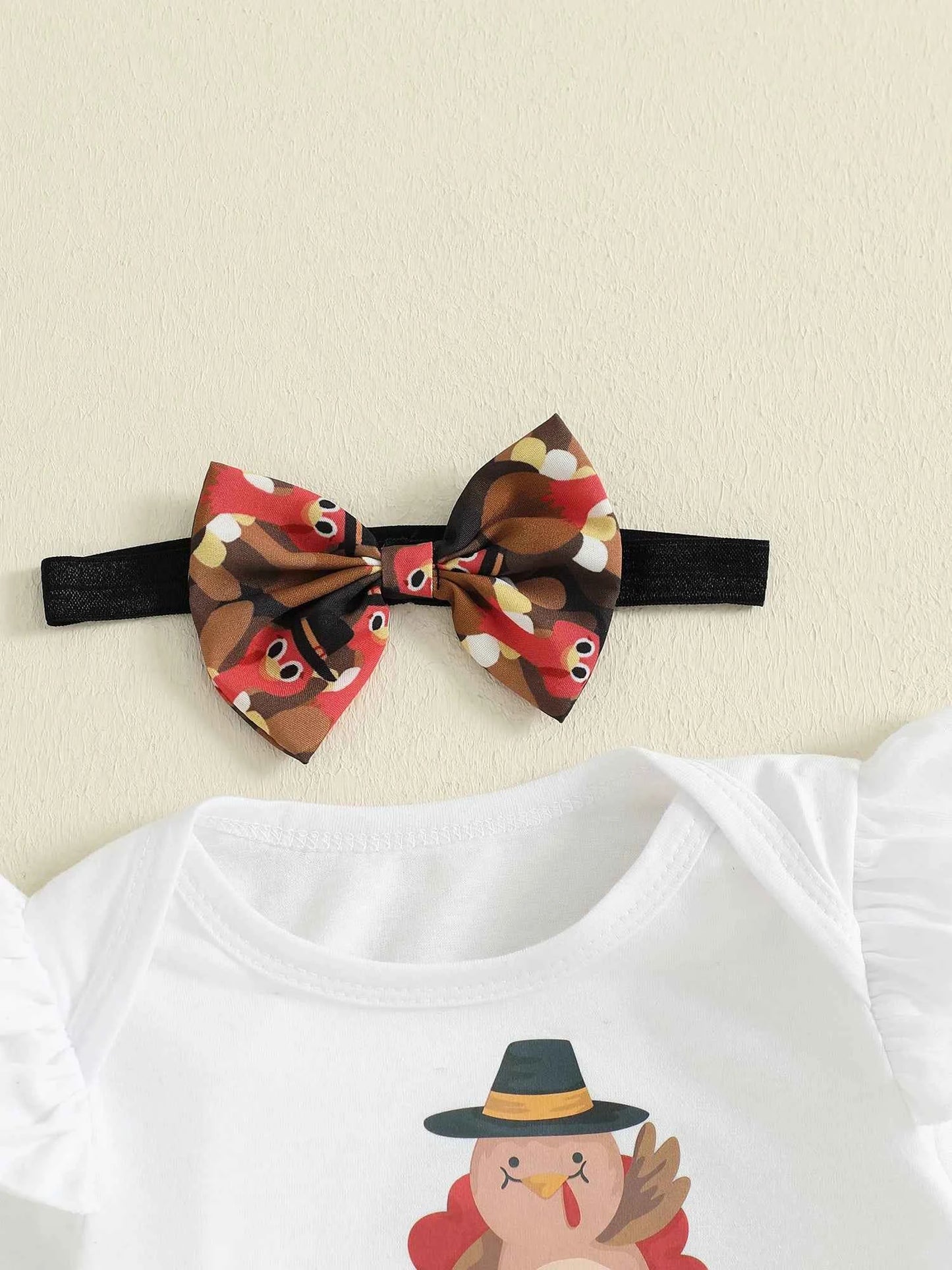 Baby Girl Thanksgiving Outfit 3Pcs Set – Long Sleeve Letter Romper, Turkey Print Skirt & Bow Headband