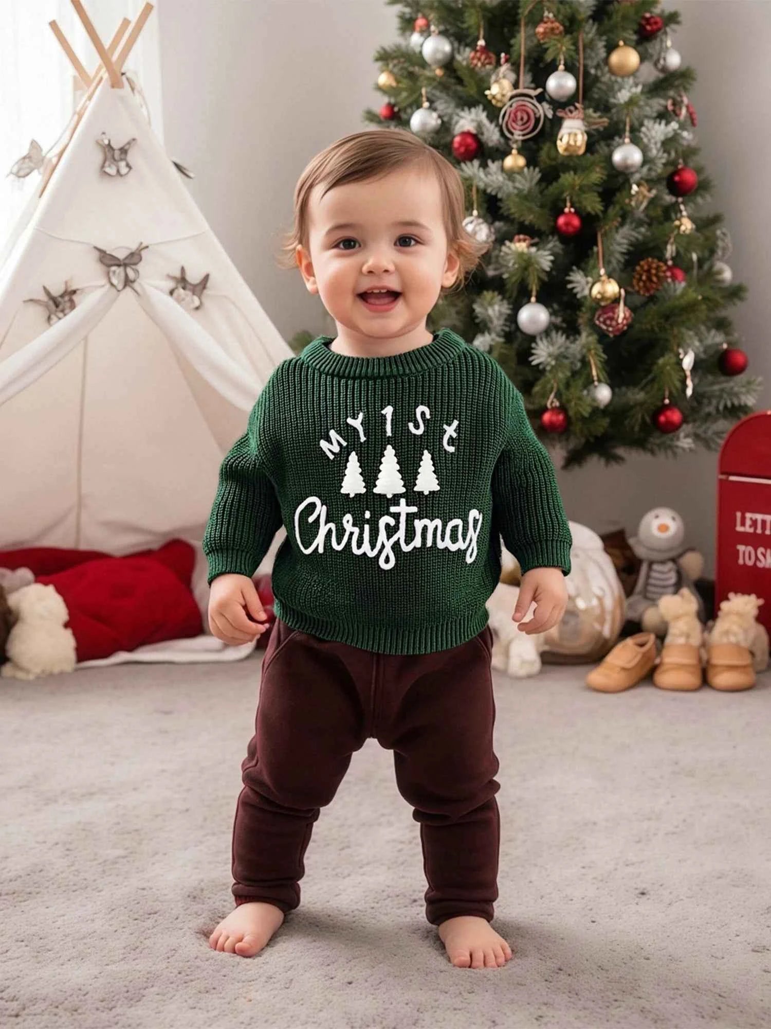 Toddler Baby Christmas Sweater – Long Sleeve Round Neck Letter & Tree Embroidered Top
