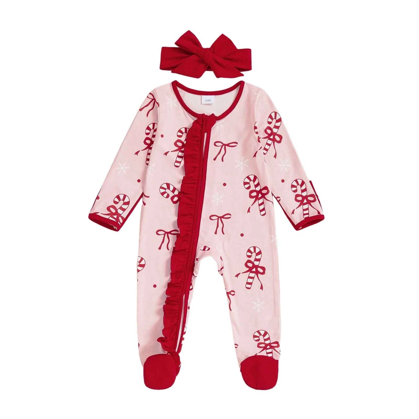 Newborn Baby Girl Christmas Romper – Bow Print Long Sleeve Zip-Up Footed Jumpsuit with Headband