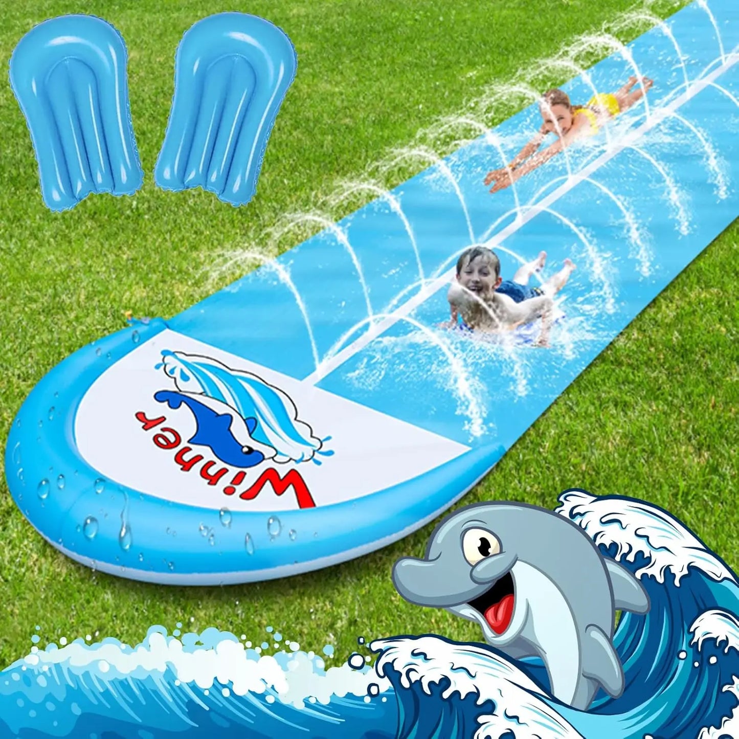 30ft Slip and Slide Water Slide for Kids & Adults – Extra Long Heavy-Duty Lawn Slide with 2 Bodyboards for Backyard Summer Fun