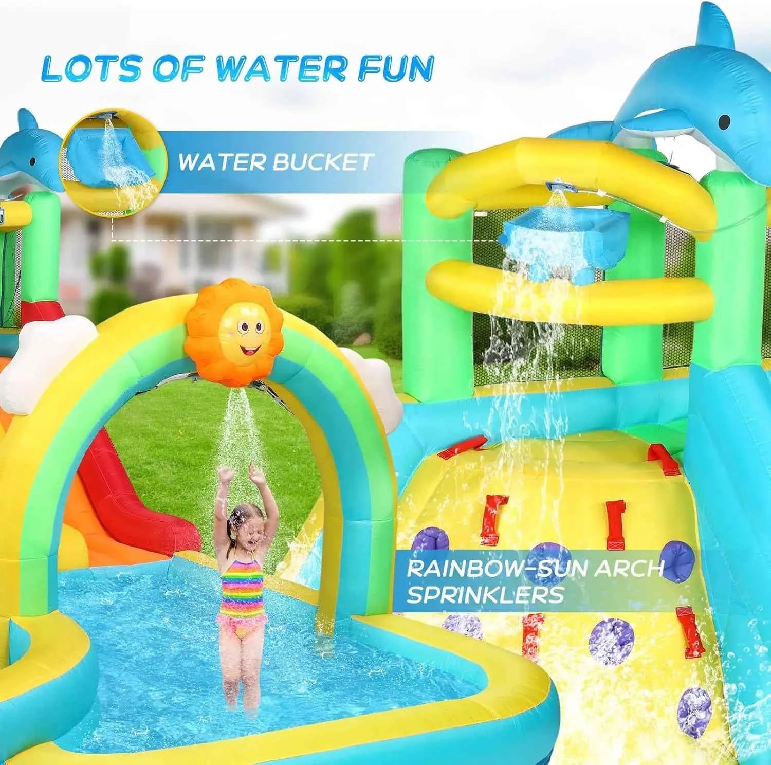 Inflatable 10-in-1 Water Slide Bounce House with Pool, Climbing Wall, Water Bucket & Rainbow Sprinklers – Quick 1-Minute Setup