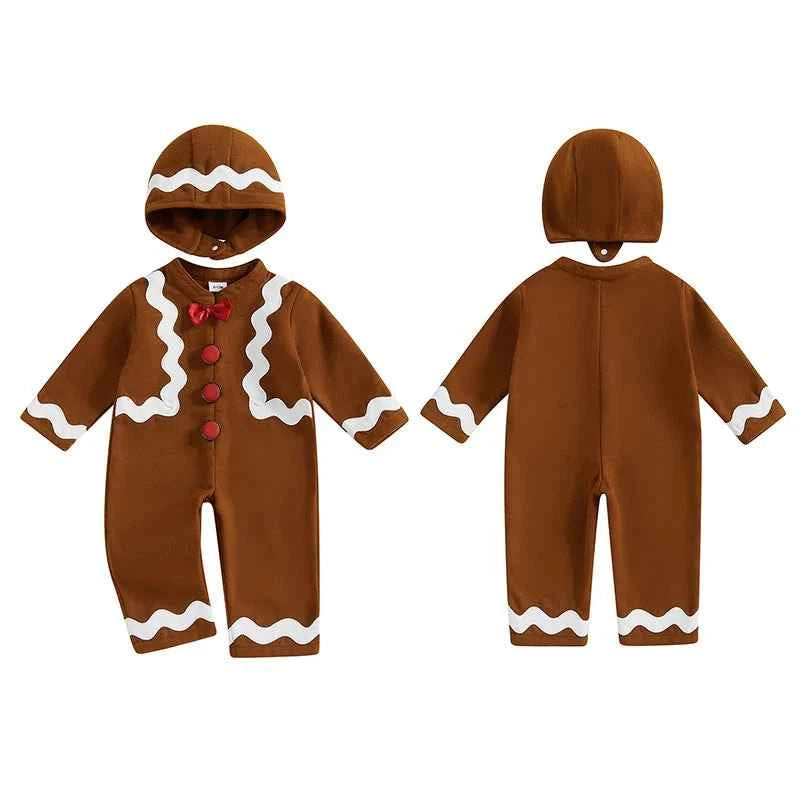 Baby Christmas Jumpsuit – Long Sleeve Crewneck Gingerbread Man Romper with Hat