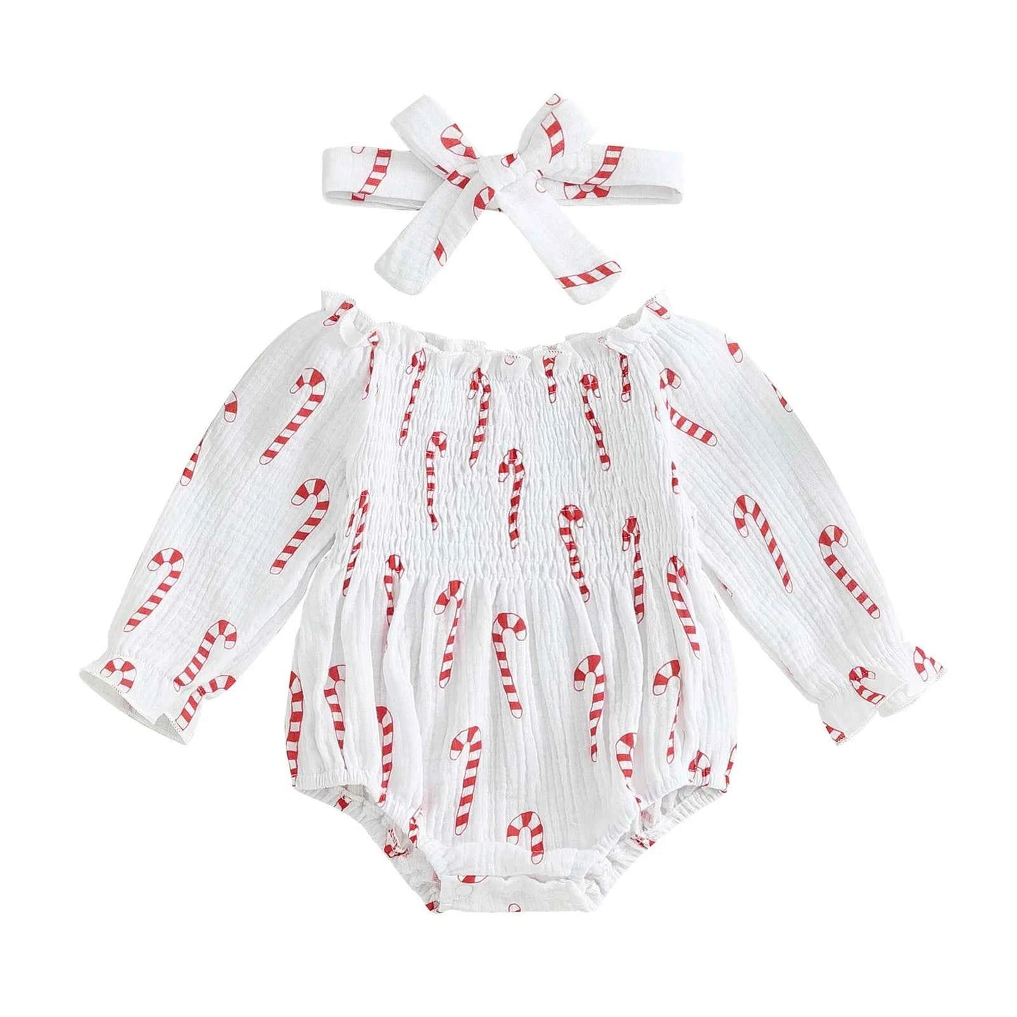 Baby Christmas Romper Set – Smocked Candy Cane Print Long Sleeve Bodysuit with Headband (2Pcs)