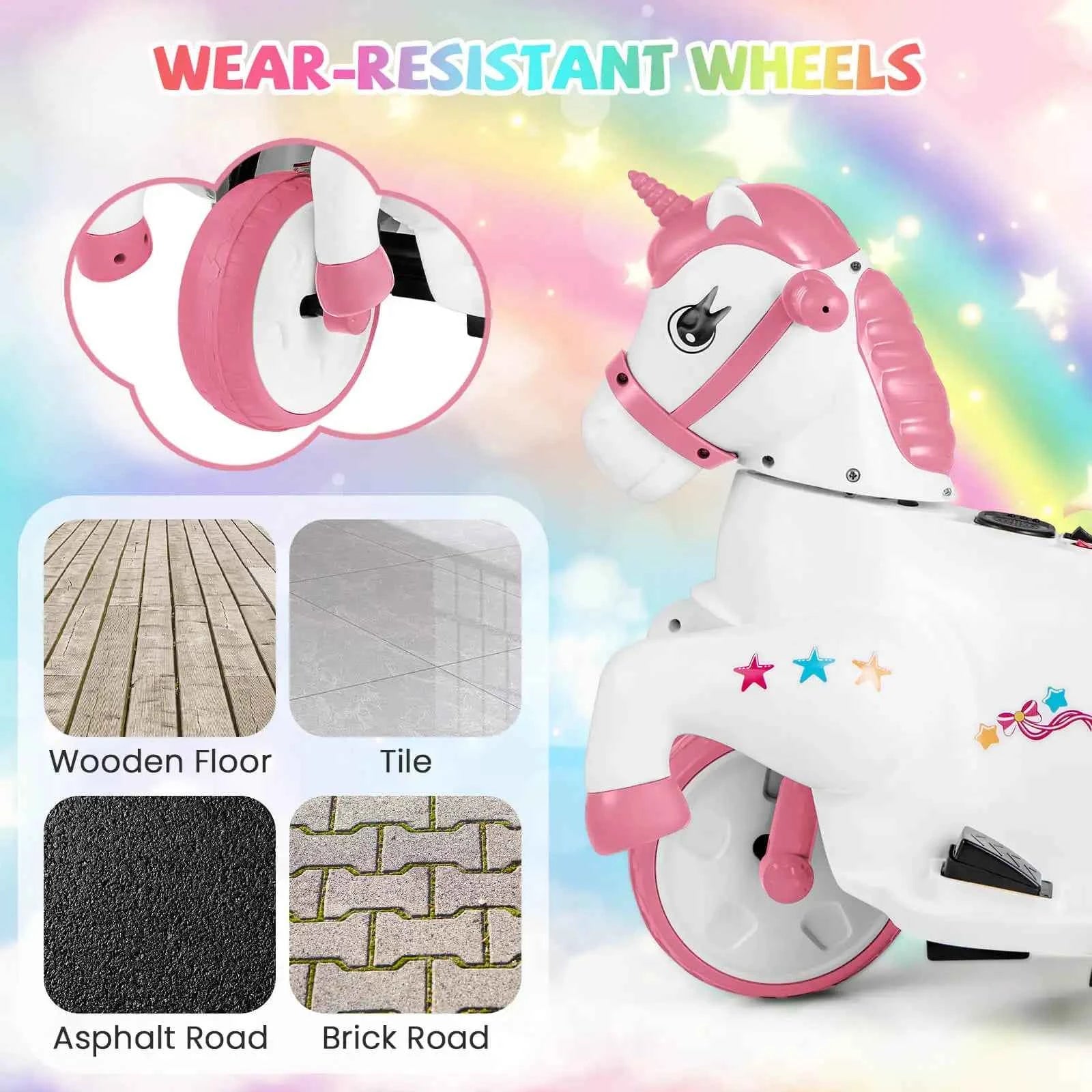 12V Kids Ride-On Unicorn Toy with Training Wheels, Music, and One-Button Start