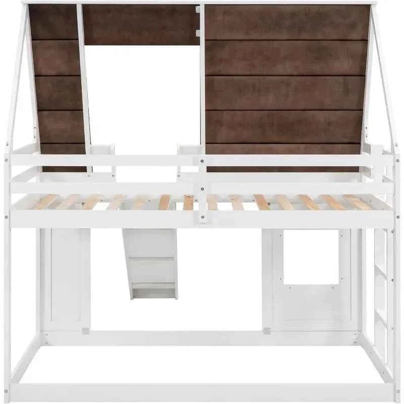 Twin Over Twin House Bunk Bed with Roof, Window, Ladder & Slide