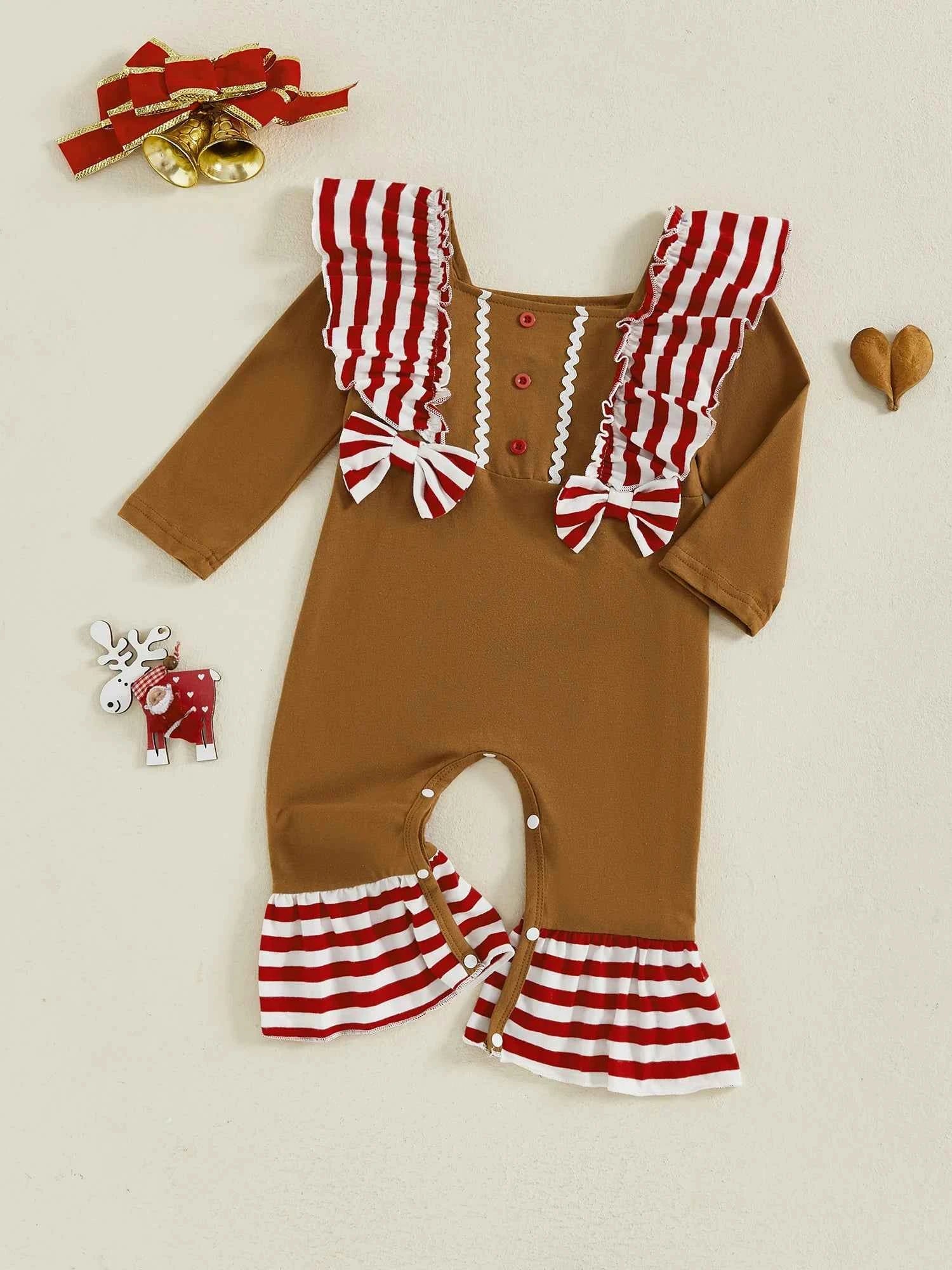 Baby Gingerbread Outfit – Striped Ruffled Long Sleeve Christmas Romper with Flared Pants for Girls