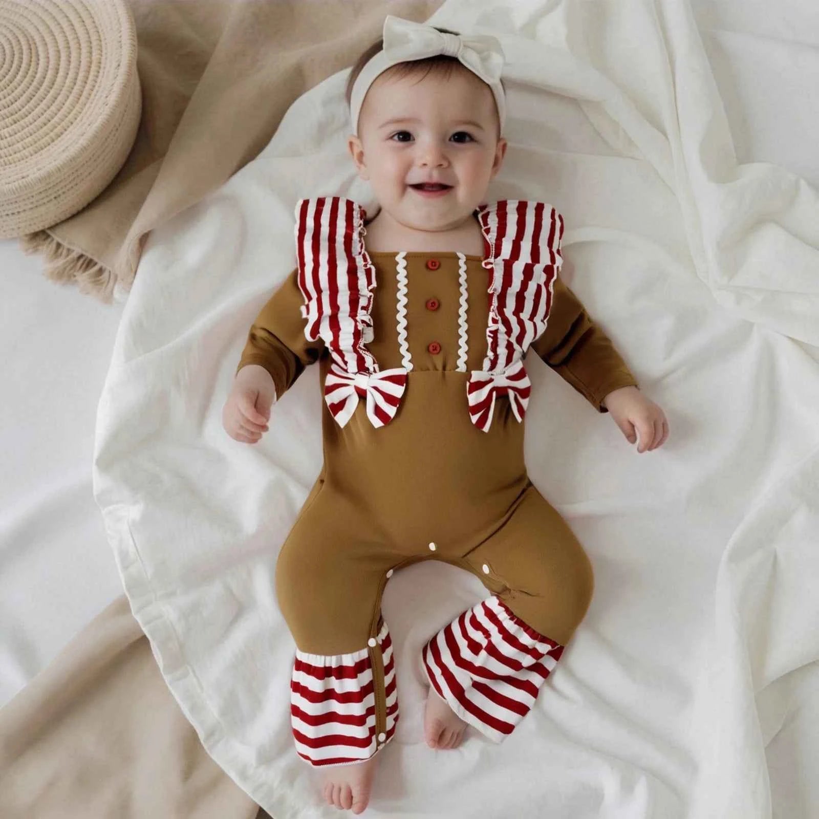 Baby Gingerbread Outfit – Striped Ruffled Long Sleeve Christmas Romper with Flared Pants for Girls