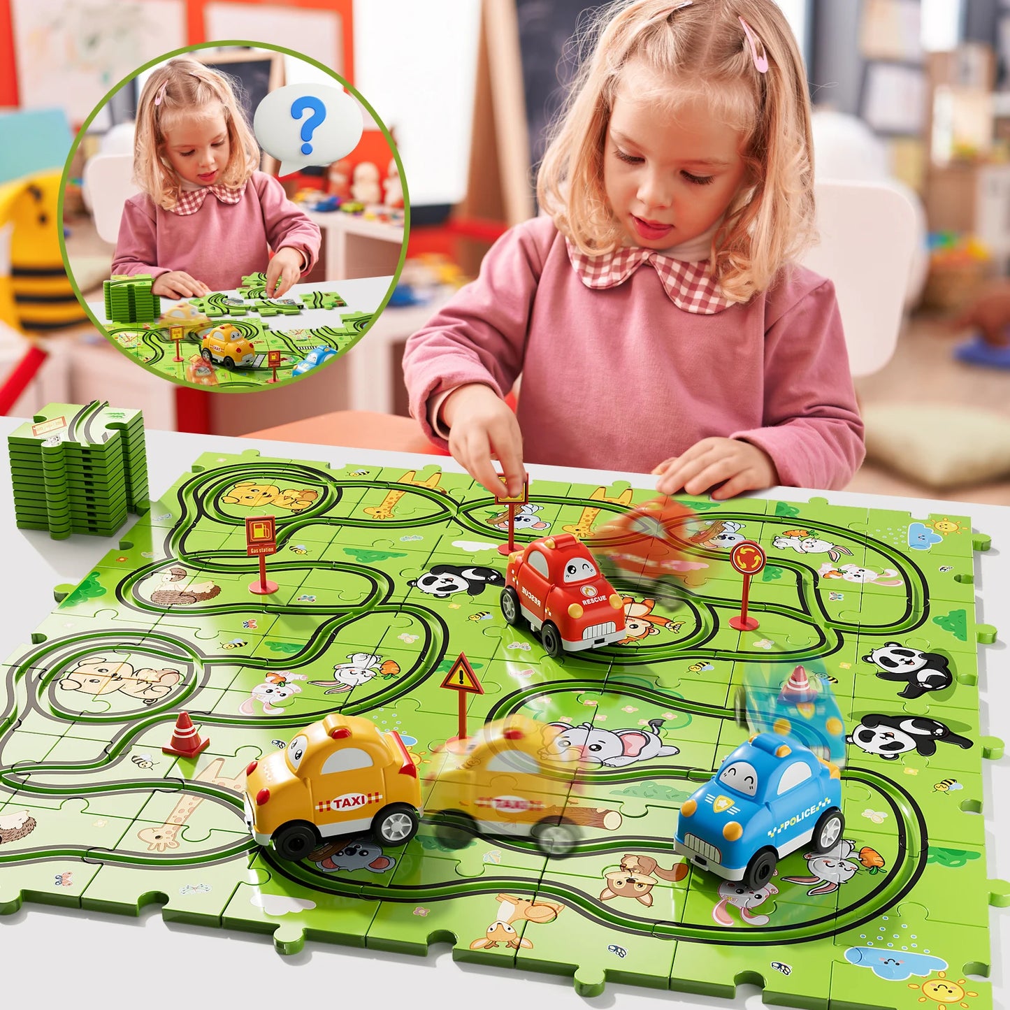 Jigsaw Puzzle Race Track Car Set – Puzzle & Car Toys for Kids Ages 3-5