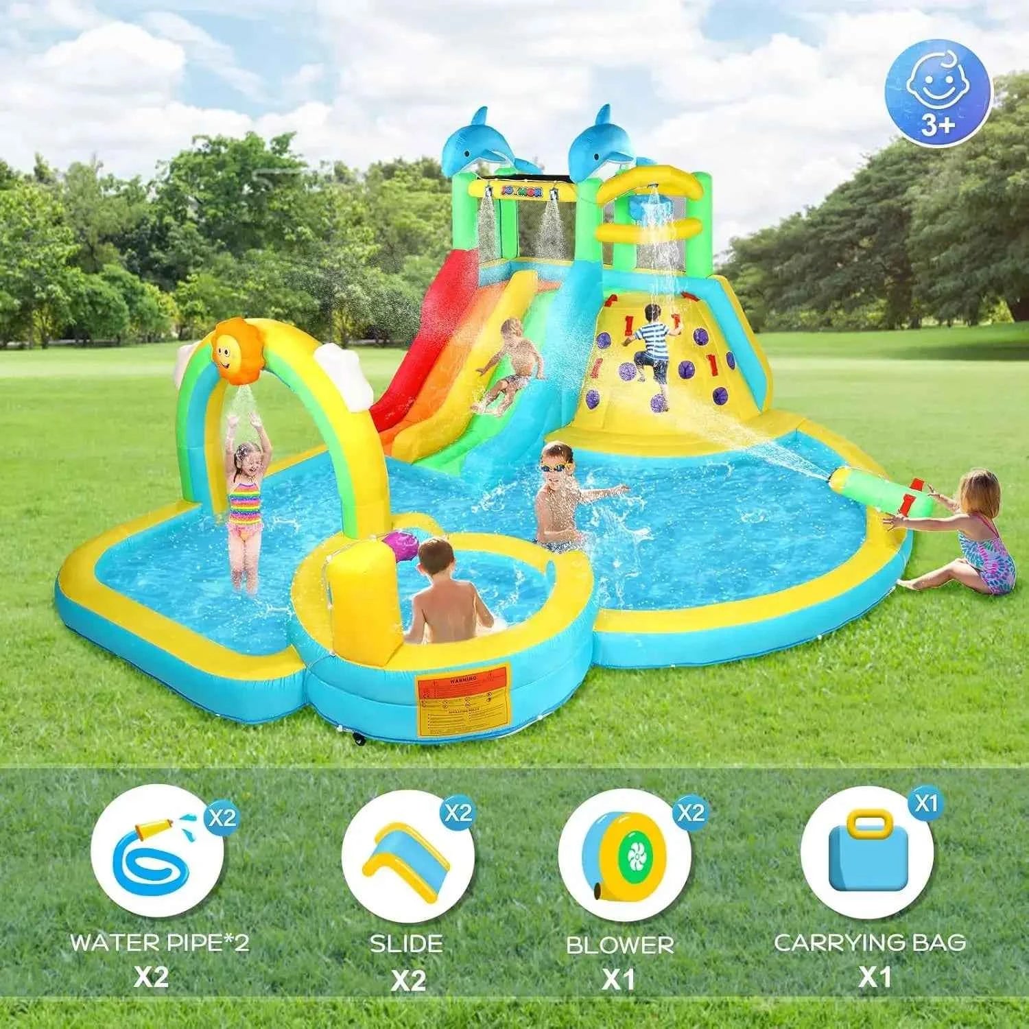 Inflatable 10-in-1 Water Slide Bounce House with Pool, Climbing Wall, Water Bucket & Rainbow Sprinklers – Quick 1-Minute Setup