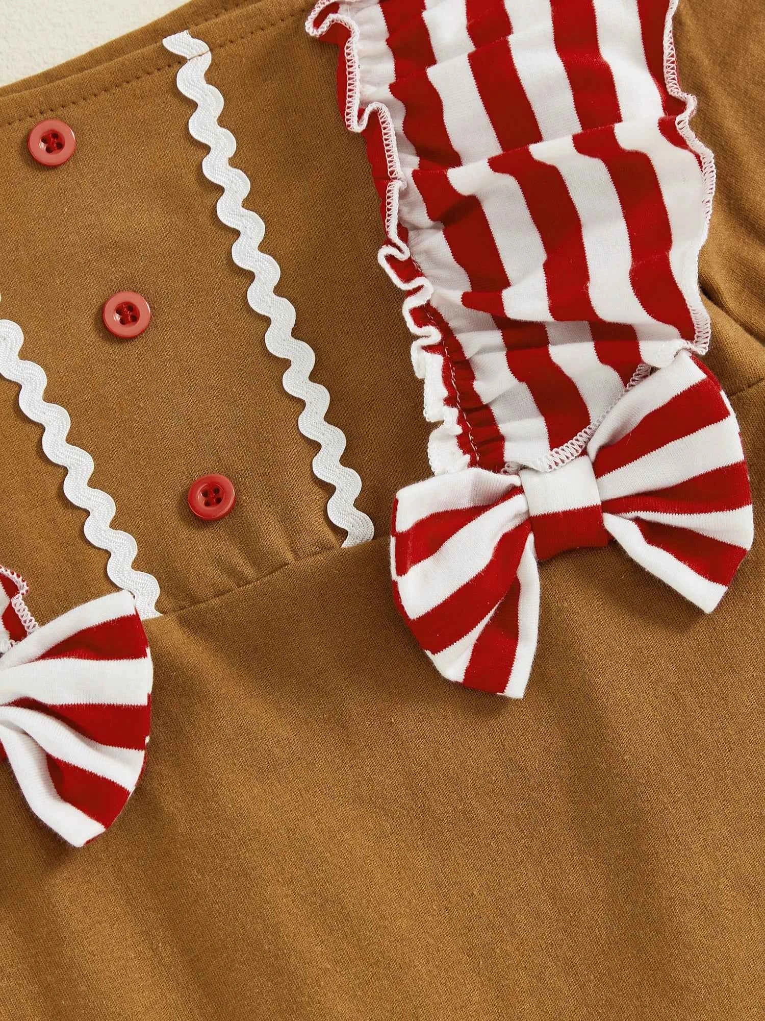 Baby Gingerbread Outfit – Striped Ruffled Long Sleeve Christmas Romper with Flared Pants for Girls