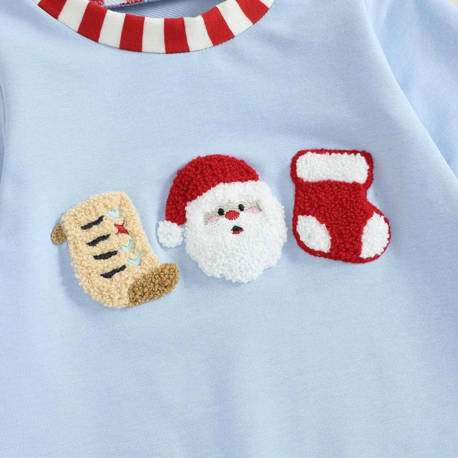 Baby Christmas Romper – Santa Embroidery Striped Long Sleeve Crew Neck Full-Length Jumpsuit