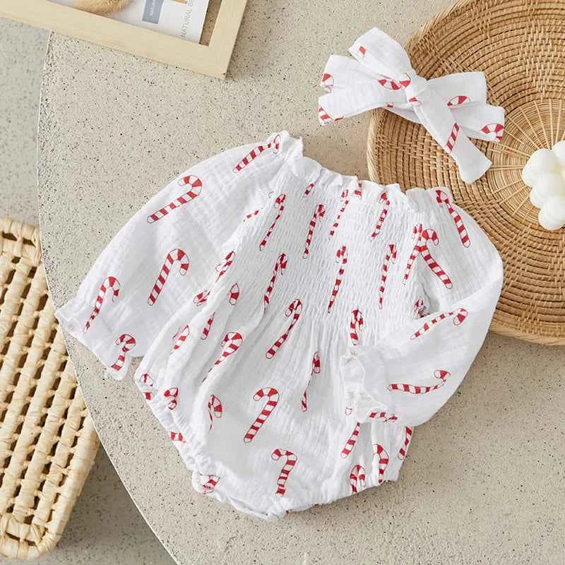 Baby Christmas Romper Set – Smocked Candy Cane Print Long Sleeve Bodysuit with Headband (2Pcs)