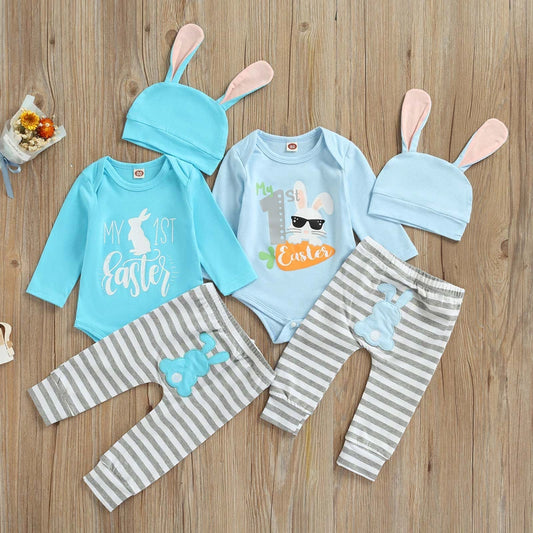 Infant Baby Outfit 3-Piece Set – Bunny Print Bodysuit with Striped Bottoms, Bunny Ear Beanie for My 1st Easter