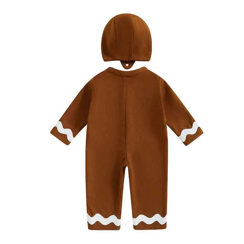 Baby Christmas Jumpsuit – Long Sleeve Crewneck Gingerbread Man Romper with Hat